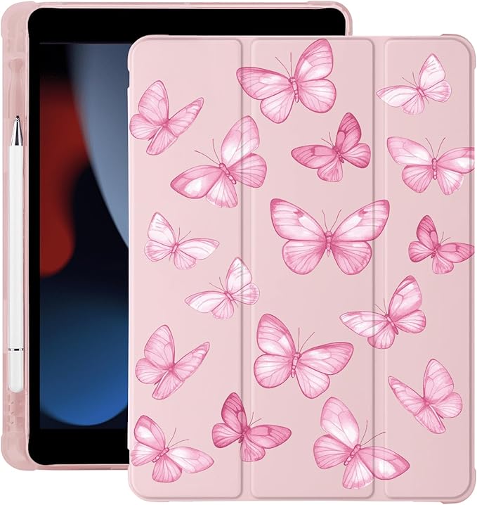 Cute Y2K Pink Butterfly for iPad Air5/Air4 Case with Pencil Holder Auto Sleep/Wake Pink Leather Soft TPU Back Cover for iPad 10.9 Inch 2022/2020