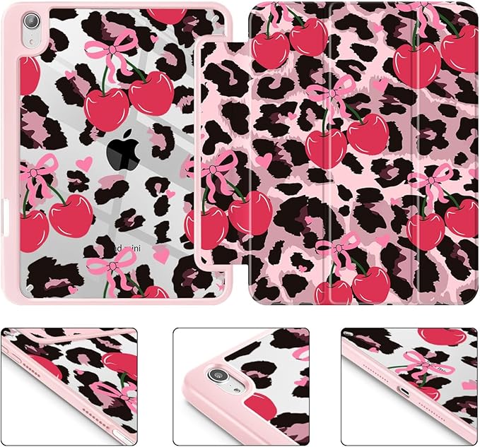 Mektron Printed Case for iPad mini 7 (A17 Pro) 2024/ Mini 6 2021 iPad mini 7th/6th Generation 8.3-inch Liquid Retina Display Cover Buit in Pencil Holder with Clear Back Shell Cherry &amp Cheetah