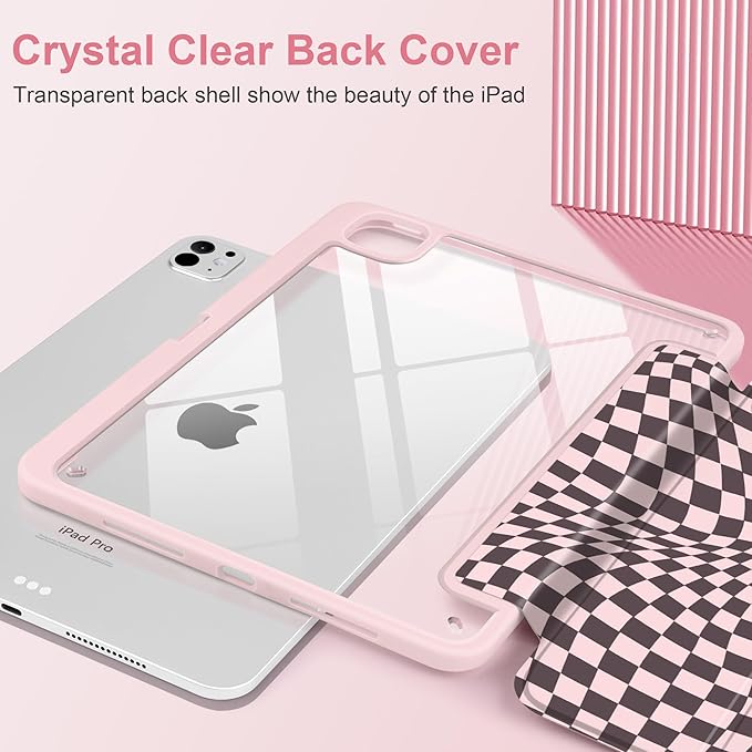 Case for iPad Pro 13 inch (M5) 2025 (M4) 2024 Release with Pencil Holder - Aesthetic Cute Design Trifold Cover with Soft TPU Bumper Clear Back Auto Sleep/Wake for Girls Women Abstract lattice