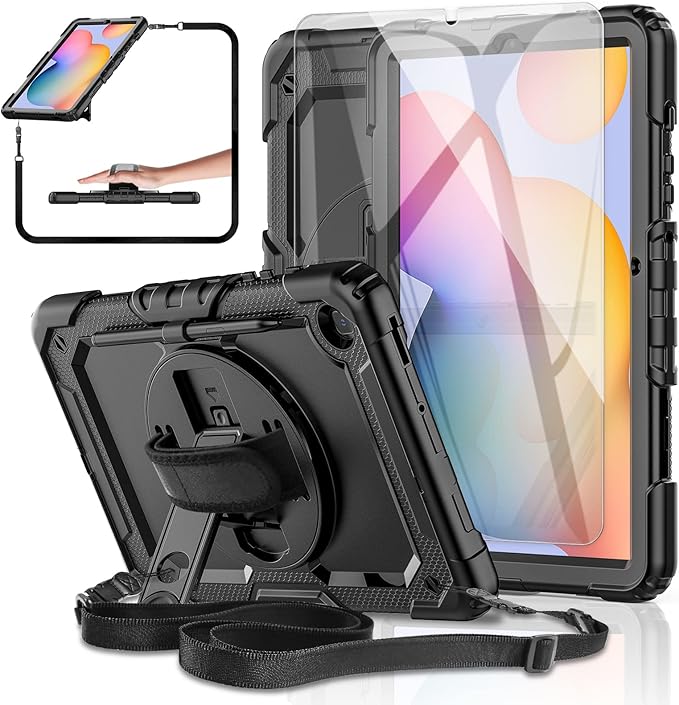 Case for Samsung Galaxy Tab S6 Lite Tablet Case 10.4 inch 2024/2022/2020 [with Tempered Glass Screen Protector] Rotatable Kickstand S Pen Holder Hand/Shoulder Strap (Black)