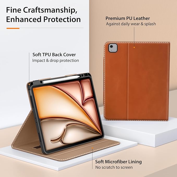 MoKo Case for iPad Air 13 Inch (M3 2025 / M2 2024) &amp iPad Pro 12.9 2022/2021 with Pencil Holder Premium Leather Folio Stand Cover for iPad Air 13 Inch/iPad Pro 12.9 Inch 6th/5th GenBrown