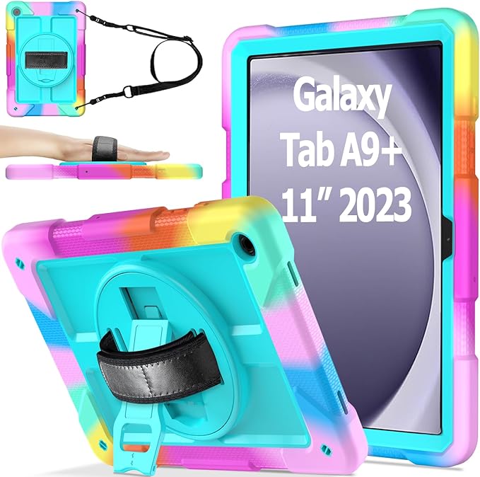 AVAWO Case for Samsung Galaxy Tab A9+ Plus 11 inch 2023 with 360° Swivel Handle Strap Cover with Lanyard Colorful Teal