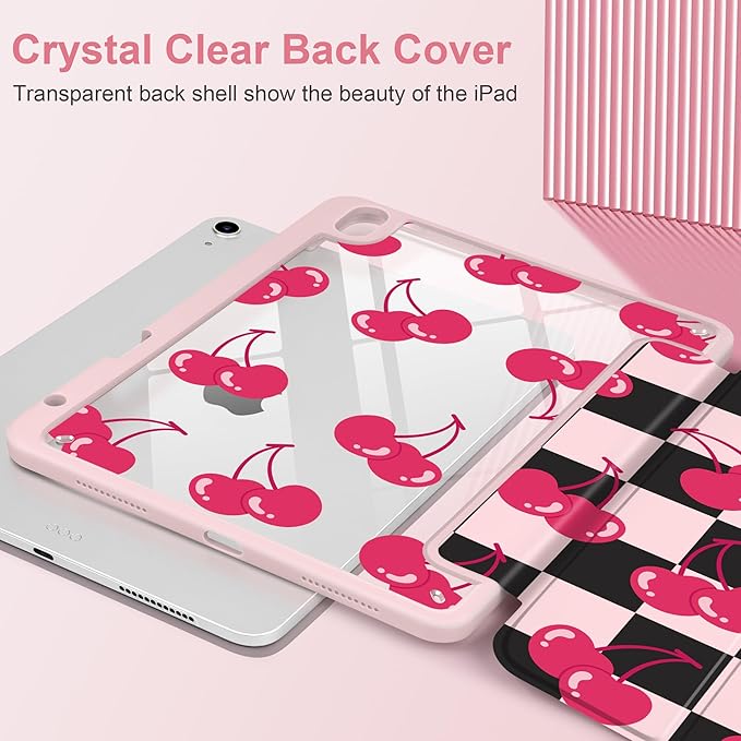 DONGKE Case for iPad Air 11-inch M4 2026 &amp M3 2025 &amp M2 2024 iPad Air 5th/4th Generation 10.9 2022/2020 [Built-in Pencil Holder] Clear Acrylic Back Trifold Stand Smart Cover Cherry Checker