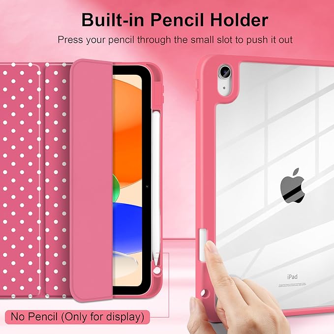 Case for iPad A16 11th Generation 11 inch 2025 iPad 10th Generation 10.9 inch 2022 -[Built-in Pencil Holder] Shockproof Clear Hard Back Trifold Stand Auto Wake/Sleep Rose red White dot
