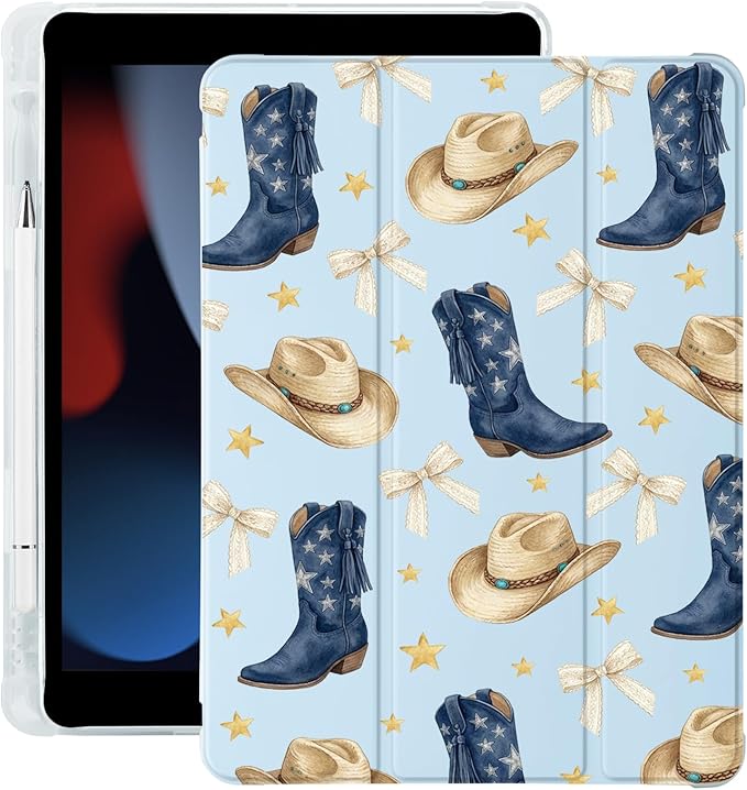 Bow Cowboy Boots Hat for iPad Air5/Air4 Case with Pencil Holder Auto Sleep/Wake Blue Leather Soft TPU Back Cover for iPad 10.9 Inch 2022/2020