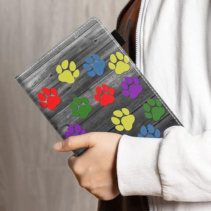 Case for Amazon Kindle Fire 7 Tablet (7 Display 9th/7th Generation 2019/2017 Release) - PU Leather Folio Case with Smart Auto Wake/Sleep Colorful Dog Paw Print on Wooden Board