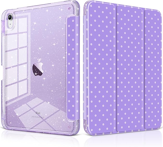 DONGKE for iPad Pro 11 inch Case – Fits M5 2025 / M4 2024 Shockproof Sparkling Glitter Acrylic Back Pencil Holder Trifold Stand Auto Sleep/Wake &amp Touch ID Support - Purple Polka Dot