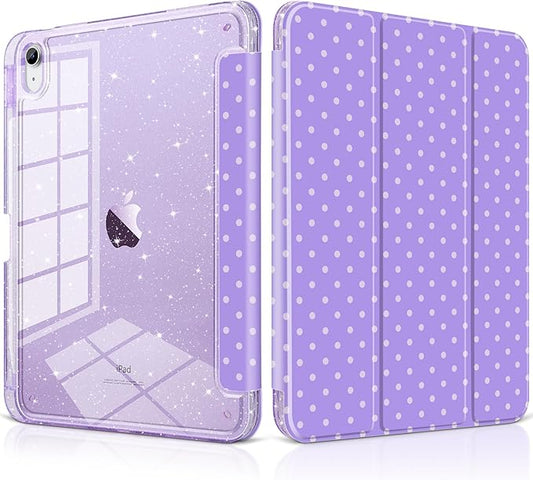DONGKE for iPad Pro 11 inch Case – Fits M5 2025 / M4 2024 Shockproof Sparkling Glitter Acrylic Back Pencil Holder Trifold Stand Auto Sleep/Wake &amp Touch ID Support - Purple Polka Dot