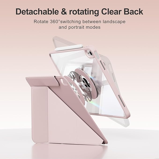 Y-Shaped Detachable Case for iPad (A16) 11th/10th Generation (2025/2022) Clear 360°Rotating Magnetic Back Multi-Stand &amp Shockproof Hybrid Cover for iPad 11/10 Auto Wake/Sleep Pink