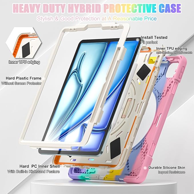 for iPad Air 13-inch M2 (2024) A2898/A2899 for iPad Pro 12.9 Rugged Case Portable Heavy Duty Shock-Proof Armor Cover with Swivel Kickstand/Hand Grip Shoulder Strap Pencil Holder (Macaron)