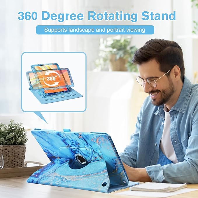 OKP Case for All New Kindle Fire HD 10 Tablet &amp HD 10 Plus (11th/13th Generation 2021/2023 Release) 360 Degree Rotating Swivel Stand Leather Cover with Pencil Holder Auto Wake Sleep Marble Blu