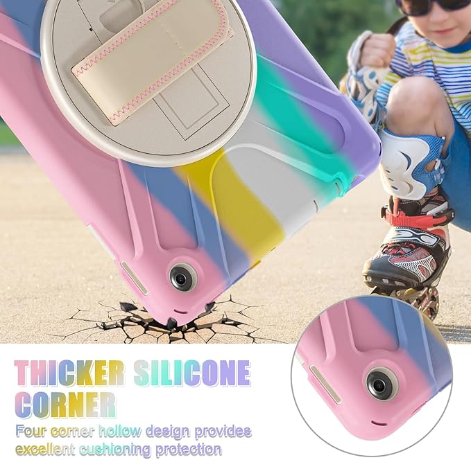 for Amazon Fire HD 10 &amp Fire HD 10 Kids Pro Tablet Case (13th Gen 2023 Release) Heavy Duty Shockproof Case with Hand/Shoulder Strap Rotating Kickstand Colourful Pink