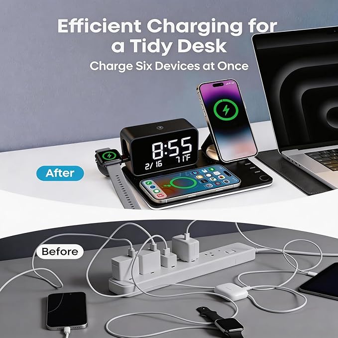 THL MagCharge 7-in-1 Magnetic Wireless Charging Station 25W Rotatable Stand Dimmable Ambient Bluetooth Clock 65W Adapter Included for iPhone 17/16/15 Apple Watch AirPods Bedside Desk Charger