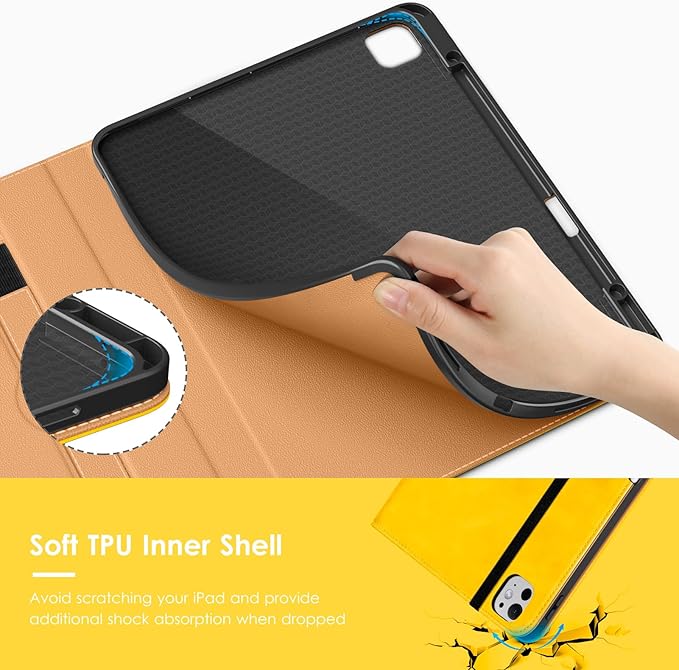 VIKESI Case for iPad Pro 13 (M4) 2024 Leather Stand Cover with Apple Pencil Holder Auto Wake/Sleep Multiple Viewing Angles Built in Hand Strap &amp Pocket Yellow