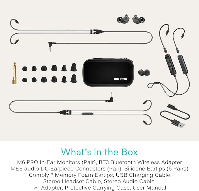 MEE audio M6 PRO Musicians' In-Ear Monitors Wired + Wireless Combo Pack: Includes IEMs 2 Audio Cables and BT3 Hi-Res Bluetooth Audio Adapter w/aptX LDAC Auracast Support &amp Built-In Headset (Bl