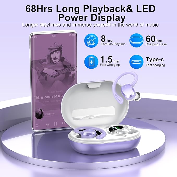 Wireless Earbuds Bluetooth Earbuds Bluetooth 5.4 Headphones 68hrs Playtime Sport Earphones with LED Display ENC Noise Cancelling Mic IPX7 Waterproof Over Ear Ear Buds with Hook for Gym/Workout