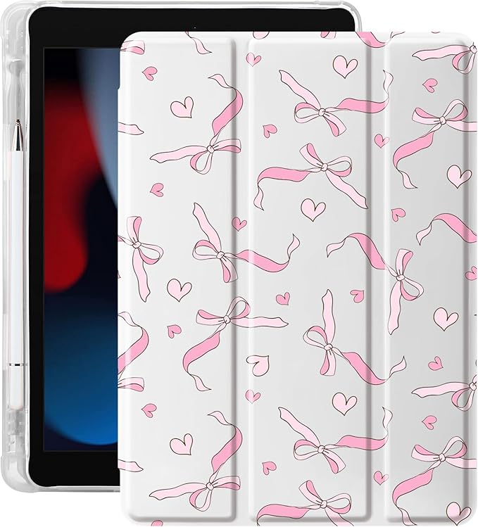 Idocolors Case for iPad 11 inch (A16 Chip) 2025 Generation 11th / iPad 10.9 inch 2022 10th Gen Built-in Pencil Holder with Soft TPU Shockproof Back Shell Auto Wake/Sleep Pink Bow-White