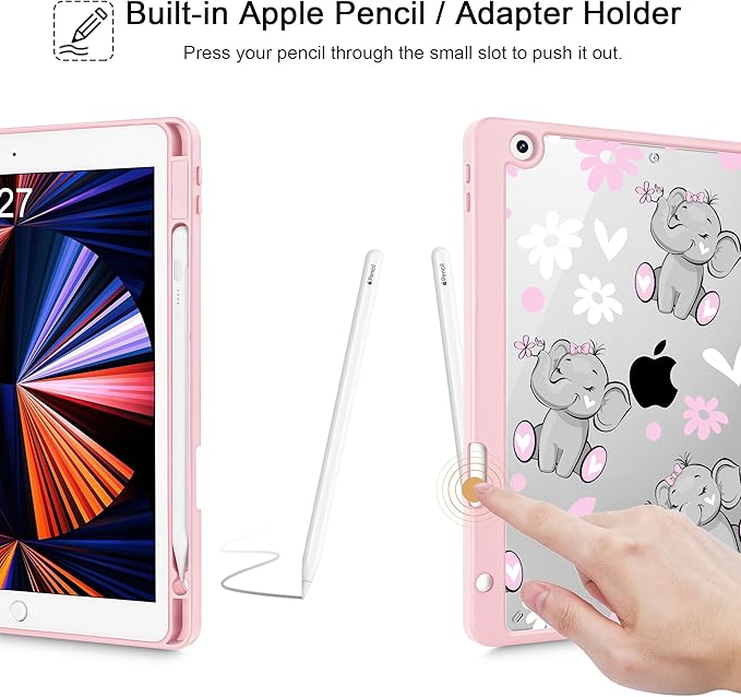 May Chen for iPad 9th Generation with Pencil Holder iPad 8th/7th Gen Case 10.2-inch [Penceil Holder] Trifold Stand Auto Wake/Sleep Clear TPU Protection Back Cover Cute Elephant