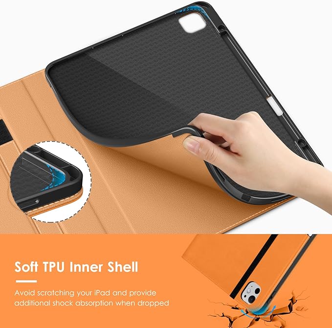 VIKESI Case for iPad Pro 13 (M4) 2024 Leather Stand Cover with Apple Pencil Holder Auto Wake/Sleep Multiple Viewing Angles Built in Hand Strap &amp Pocket Orange