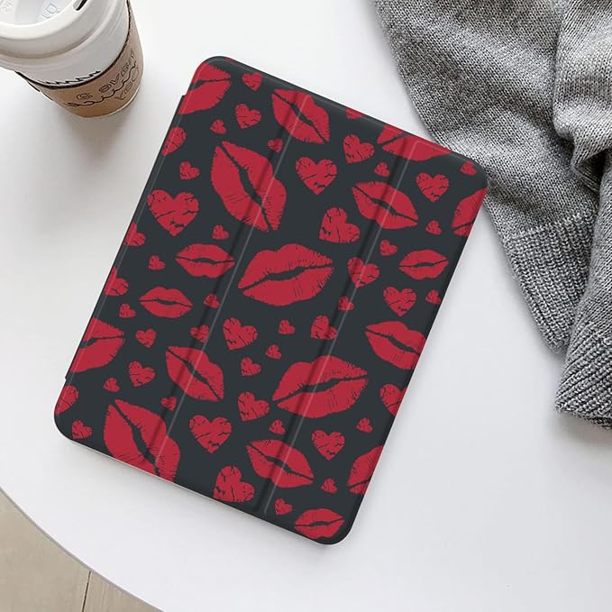 Red Lips Heart Case for iPad 10.2 Inch 9th/8th/7th Gen (2021/2020/2019)[Pencil Holder+Auto Sleep/Wake]Slim Trifold Stand Protective Cover with Soft TPU BackBlack