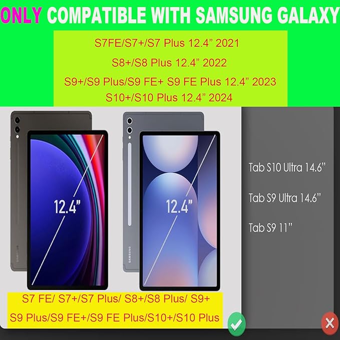 Keyboard Case for Samsung Galaxy Tab S10+ Plus/ S9 Plus/S9 FE+/ S9+/ S8+ Plus/S7+ Plus/S7 FE 12.4 Inch with S Pen Holder Backlit Smart Bluetooth Keyboard case Cover Purple