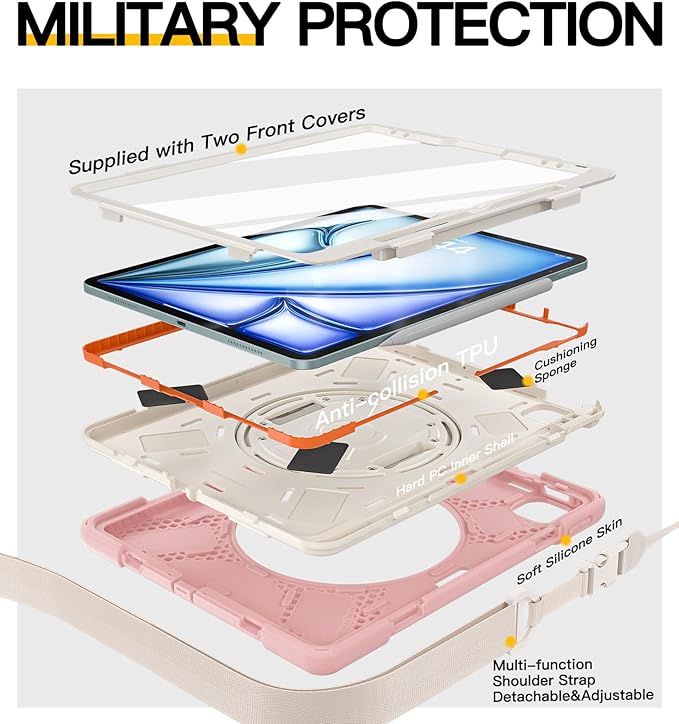 BRAECN Case for iPad Air 13 Inch 2026(M4)/2025(M3)/2024(M2) &amp iPad Pro 12.9''(2022/2021/2020/2018) Full-Body Protection Screen Protector Pencil Holder 360° Rotating Handle Kicktand Kids Friendly