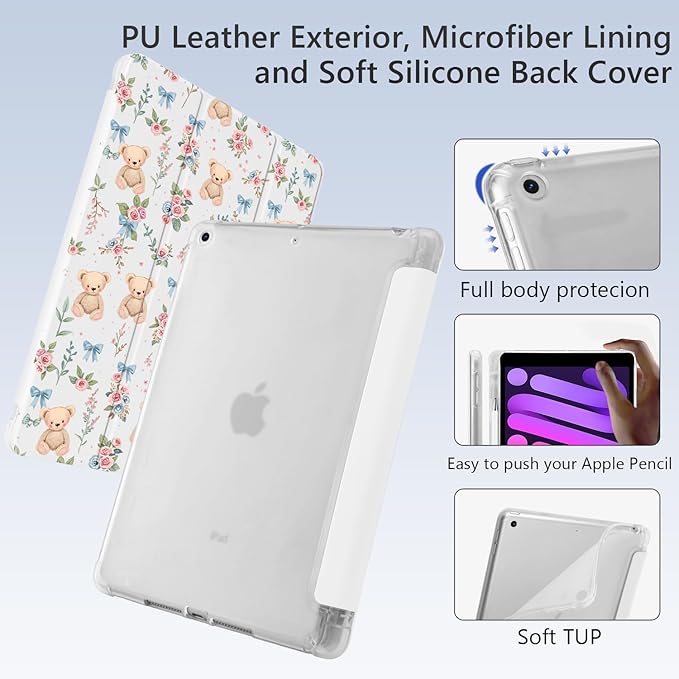 Cute Kawaii Bear Flower Bow for iPad mini 7 A17 Pro 2024/iPad Mini 6 Case with Pencil Holder Auto Sleep/Wake White Leather Soft TPU Back Cover