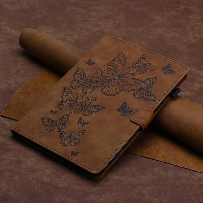 Case for Amazon Kindle Fire HD 8 &amp Fire HD 8 Plus (12th/10th Gen 2024/2022/2020) 8 with Stand/Pencil Holder [Auto Sleep/Wake] UUcovers Embossed Magneic Smart Folio Cover Brown Butterfly