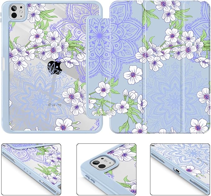 Mektron Case for M5/ M4 iPad Pro 11 inch 2025/2024 with Pencil Holder Compatible Models: A3357/A3358/A3359/A2836/A2837/A3006 Shockproof Cover Clear Shell Blossom Sakura-Blue
