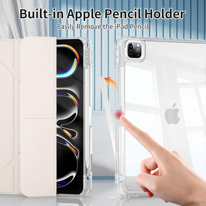 kenke Case for iPad Air 13 Inch (M3 2025/M2 2024) iPad Pro 12.9 Inch 6th/5th Generation (2022/2021) with Pencil Holder Y Folding Stand Cover with Hard Clear PC Back Support Touch ID Cream White