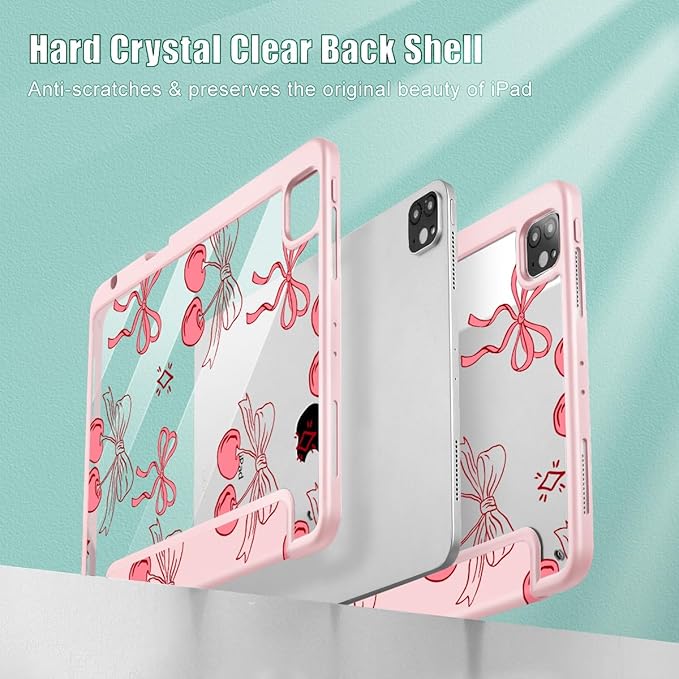 May Chen for iPad Pro 11 inch M2 4th Generation 2022 iPad Pro 11 3rd/2nd/1st Gen Built-in Pencil Holder with Shockproof Cover Clear Transparent Back Shell Auto Wake/Sleep Coquette Cherry Bow
