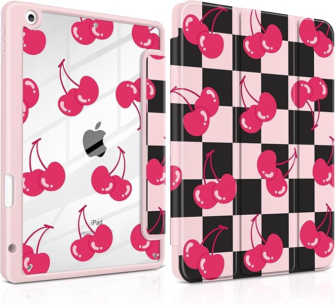 DONGKE for iPad 9th/8th/7th Generation Case 10.2 Inch (2021/2020/2019) [Auto Sleep/Wake &amp Pencil Holder] Clear Acrylic Back Trifold Stand Cover Cherry Checkers