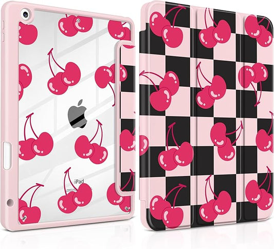 DONGKE for iPad 9th/8th/7th Generation Case 10.2 Inch (2021/2020/2019) [Auto Sleep/Wake &amp Pencil Holder] Clear Acrylic Back Trifold Stand Cover Cherry Checkers