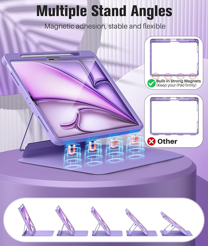 MoKo for iPad Air 13-Inch Case (M4/M3/M2) 2026/2025/2024 with Pencil Holder Heavy Duty 13 Inch iPad Air Case with Screen Protector Clear Back Lens Protector Multi-Angle Magnetic Stand Purple