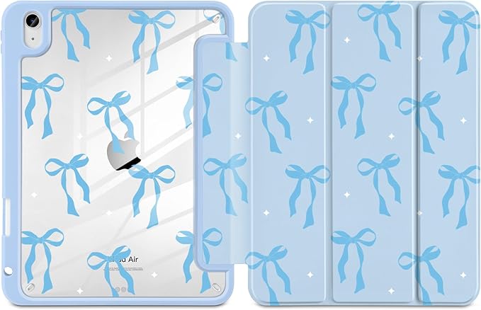 MecBevia Case for iPad Air 11-inch M4 2026 / M3 2025 / M2 2024 Slim Protective Cover with Built-in Pencil Holder Auto Wake/Sleep Blue Bow