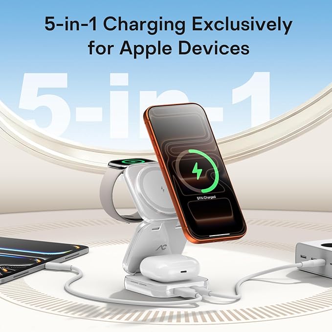 5-in-1 Wireless Charger for MagSafe AC ISLAND Portable Travel Charging Station 35W Max Fast Foldable Magnetic Stand Evolved for iPhone 17-12 &amp Air Series Apple Watch AirPods (with 35W Adapter