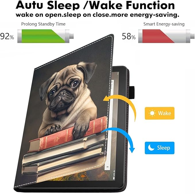 Case for All-New Amazon Kindle Fire HD 10 &amp 10 Plus Tablet 10.1 (13th/11th Generation 2023/2021 Release) - PU Leather Folio Case with Smart Auto Wake/Sleep Cute Pug