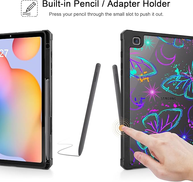 Mektron Case for Samsung Galaxy Tab S6 Lite 10.4 Inch 2024/2022/2020 with S Pen Holder Multi-Angle Viewing with Shockproof Cover Clear Shell + Trifold Stand + Auto Wake/Sleep Fantasy Butterfly