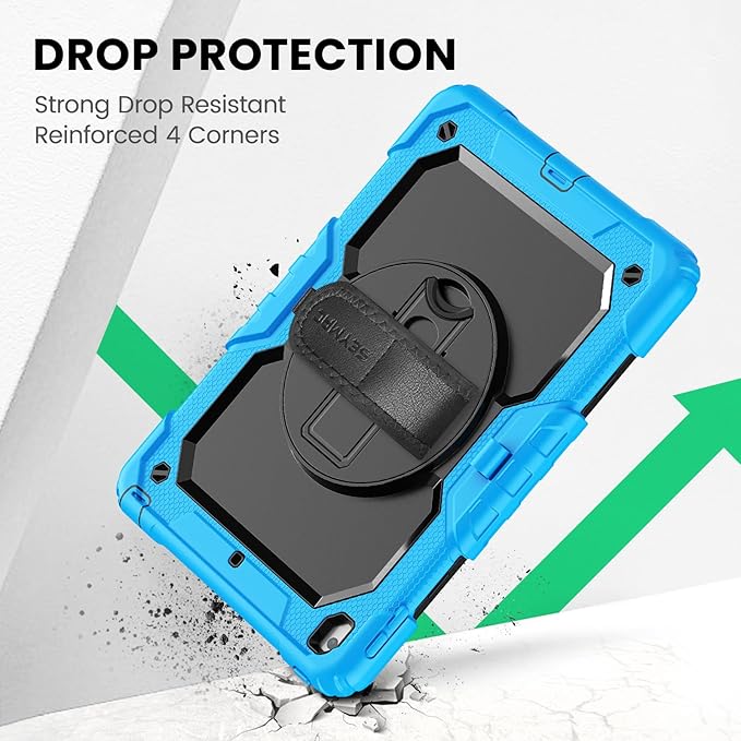 SEYMAC Kids Case for iPad 9th/ 8th/ 7th Generation 10.2 2021-2019 Heavy Duty Protective Shockproof Case with Screen Protector Rotating Stand/Handle/Shoulder Strap for iPad 10.2 Light Blue