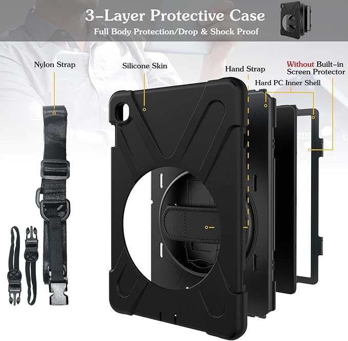DreamerX for Samsung Galaxy Tab S5e Case 10.5 inch 2019 SM-T720/T725/T727 Shockproof Kids Drop Protective Cover w/ 360 Rotating Hand Strap Multi Stand Angles Carrying Shoulder Strap Pen Holder Black