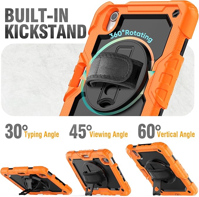 HXCASEAC Case for iPad mini 7 (A17 Pro) / iPad mini 6 Case 8.3 inch Full Body Protective with Pencil Holder Carrying Strap Hand Strap Protector 360 Rotating Stand A2995 A2993 A2567 A2568 Orange
