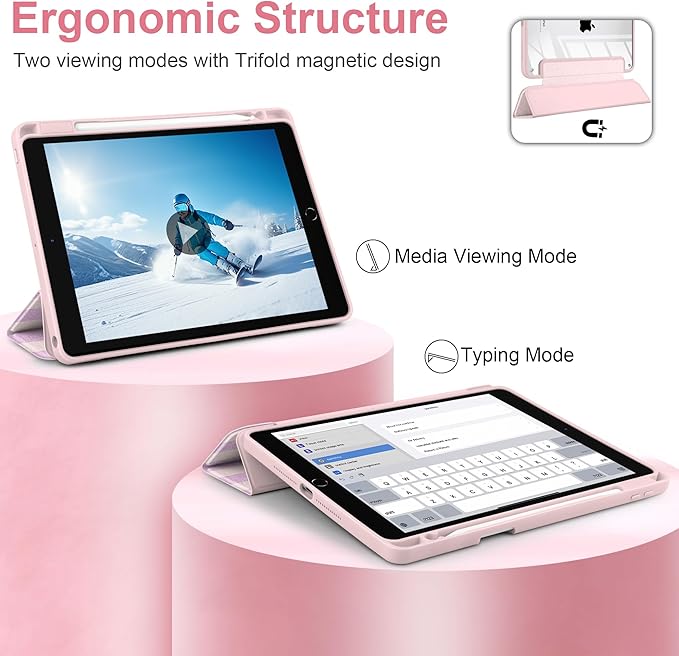 DONGKE for iPad 9th/8th/7th Generation Case 10.2 Inch (2021/2020/2019) [Auto Sleep/Wake &amp Pencil Holder] Clear Acrylic Back Trifold Stand Cover Pink Stripes