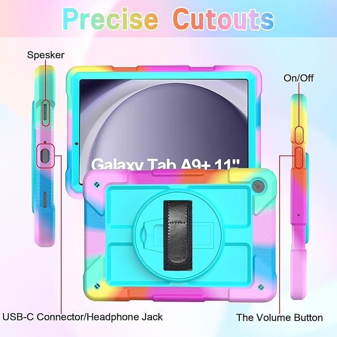 AVAWO Case for Samsung Galaxy Tab A9+ Plus 11 inch 2023 with 360° Swivel Handle Strap Cover with Lanyard Colorful Teal