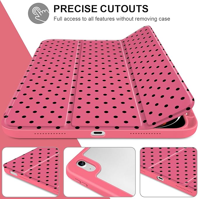 Case for iPad A16 11th Generation 11 inch 2025 iPad 10th Generation 10.9 inch 2022 -[Built-in Pencil Holder] Shockproof Clear Hard Back Trifold Stand Auto Wake/Sleep Rose red Polka dot