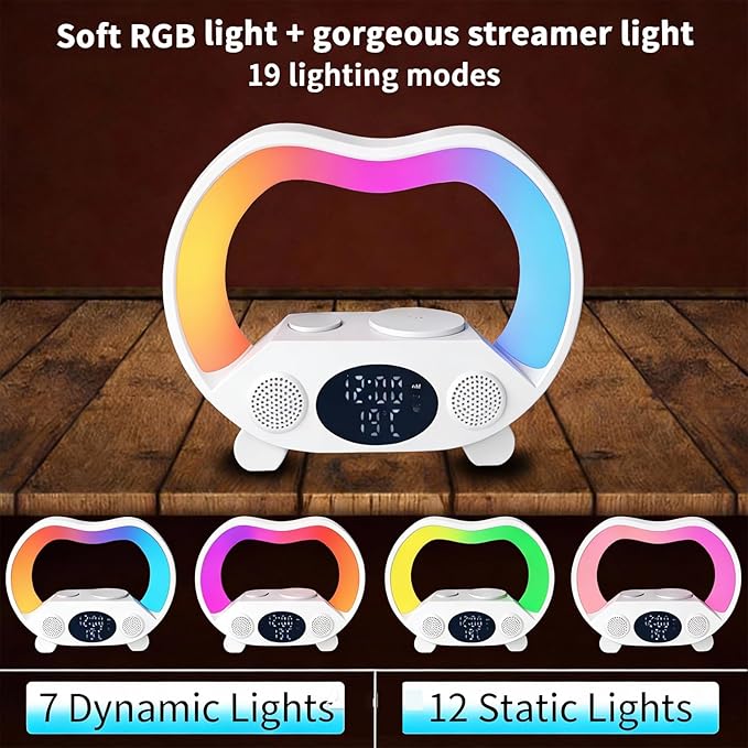 6-in-1 Wireless Charging Station with Bluetooth Speaker RGB Ambient Light Smart Display Clock &amp Thermometer and Remote Control for Remote Operation of All Functions ZS932 White.