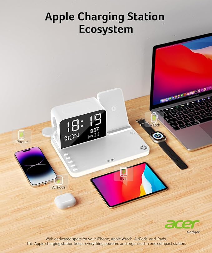 Acer 7-in-1 Wireless Charging Station with LED Clock - 30W Fast Wireless Charger for iPhone 16/15/14/13/12/Pro Max Apple Watch AirPods - Bluetooth Auto Time Sync &amp Night Lights (White)