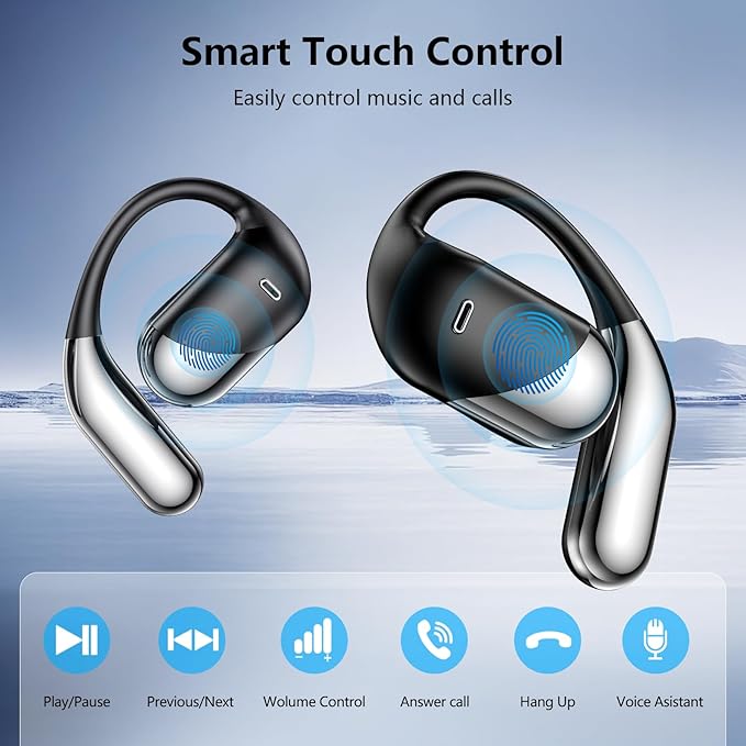 Open Ear Clip Wireless Earbuds Bone Conduction Headphones Bluetooth 5.4 Open Ear Design for Running FitnessofficeBuilt-in Mic IPX7 Waterproof LED Display Charging CaseEar Hooks Ear Buds