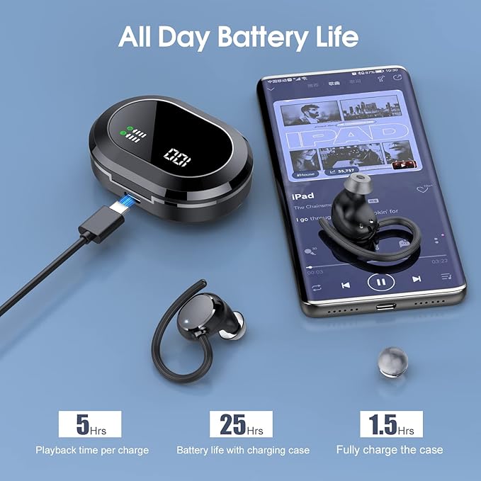 Wireless Earbuds 2023 New Ultralight Sport Bluetooth 5.3 Headphones In Ear with LED Display Built-in Mic Earphones IPX7 Waterproof Wireless Headphones with Earhooks for Gym Workout (Black)