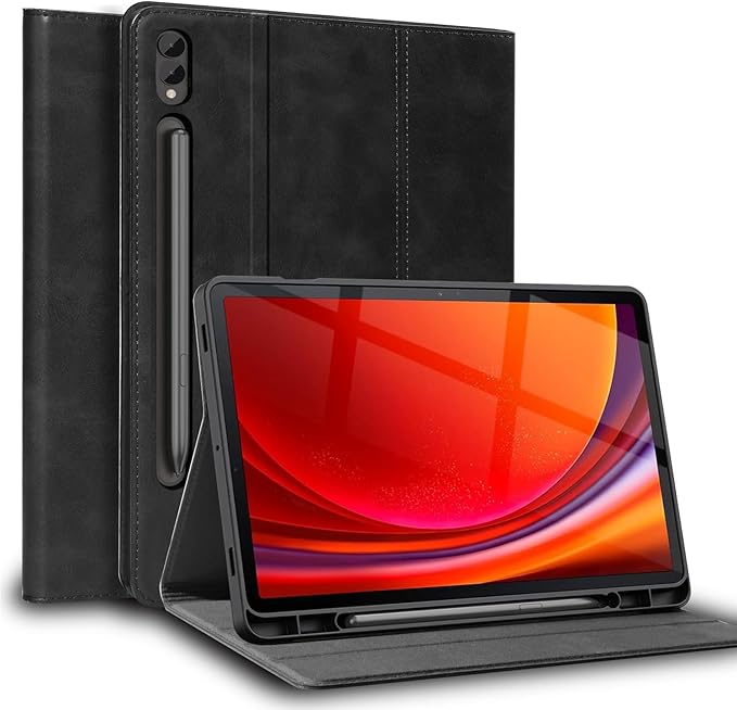 for Samsung Galaxy Tab S8 Plus/S7 Plus/S7 FE+ 12.4in Case with S Pen Holder 2020/2021/2022 Model(SM-X800/X806/T730/T736/T970/T975) Genuine Leather Cover Protective ShellAuto Wake/Sleep.Black