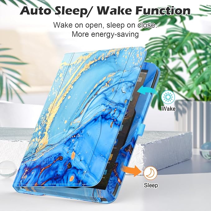 Case for Fire HD 10 Tablet (13th/ 11th Generation 2023/2021 Released) 360 Degree Rotating Stand PU Leather Cover with Pencil Holder Auto Sleep/Wake for HD 10/10 Plus Marble Blue